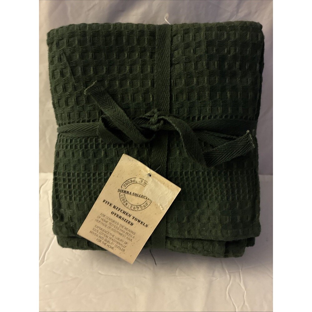 5 PC Set Oversized Kitchen Towels Sierra Collection EverGreen Waffle Knit NEW
